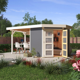 Zeige Details für Karibu Gartenhaus Goldendorf-3 terragrau mit 240 cm Anbaudach Bild von Karibu Gartenhaus Goldendorf-3 terragrau mit 240 cm Anbaudach