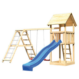 Zeige Details für Karibu Spielturm Lotti mit Rutsche, Doppelschaukelanbau und Klettergerüst Bild von Karibu Spielturm Lotti mit Rutsche, Doppelschaukelanbau und Klettergerüst