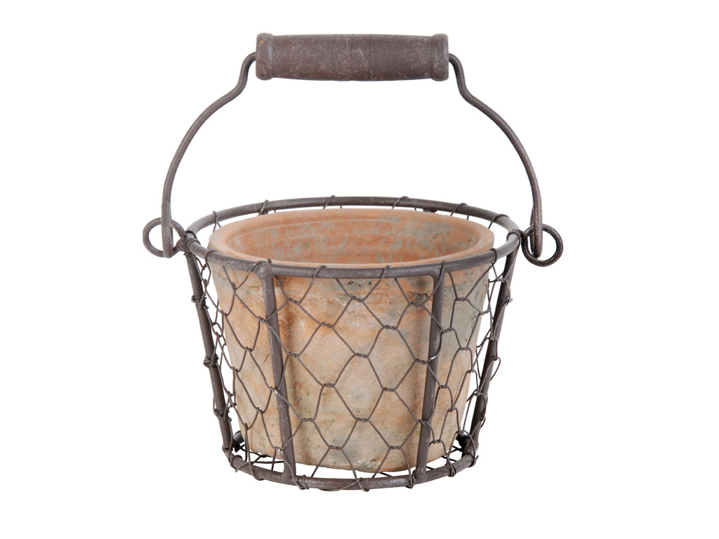 Bild von 1 Terracotta Töpfchen im Drahtkörbchen mit Henkel
