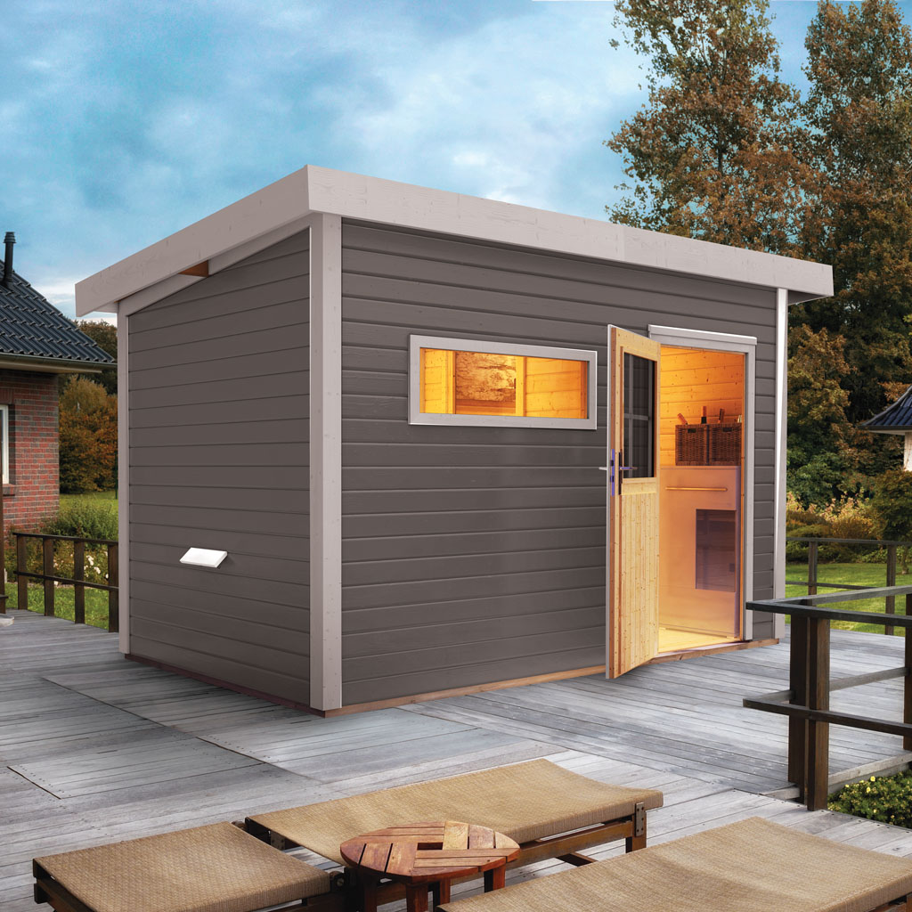 Bild von Woodfeeling 38 mm Saunahaus Suva 2 terragrau