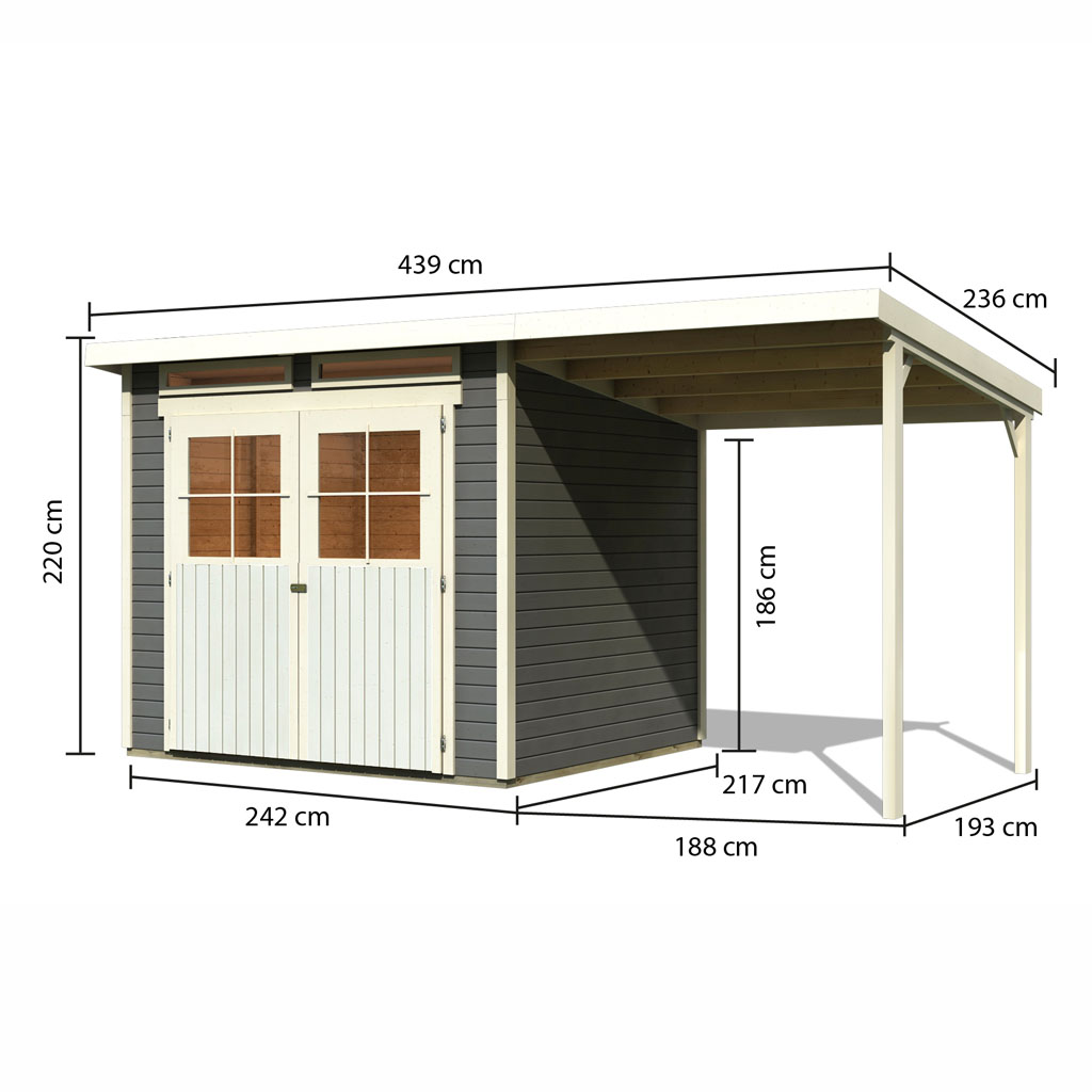 Gamoni.de Ich liebe meinen Garten!. Karibu Gartenhaus Glücksburg-4 terragrau  mit Anbaudach