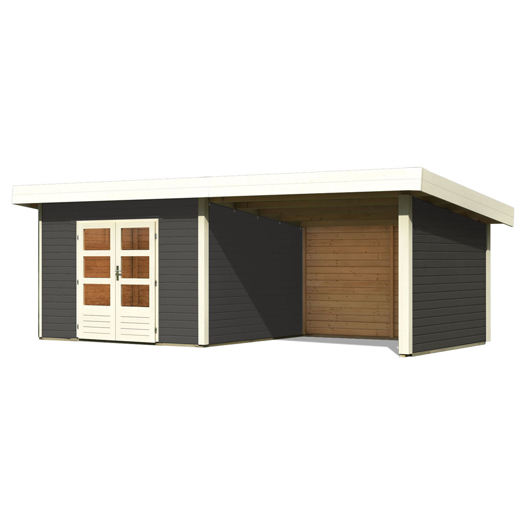 Bild von Woodfeeling Pultdach Gartenhaus Northeim 3 terragrau inkl. 3 m Anbaudach und Rück- und Seitenwände
