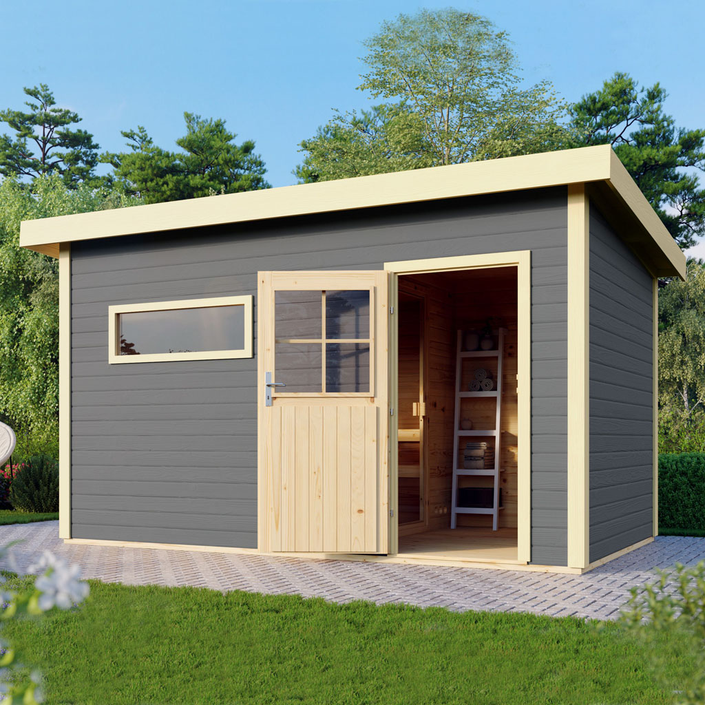 Bild von Woodfeeling 38 mm Saunahaus Suva 3 terragrau