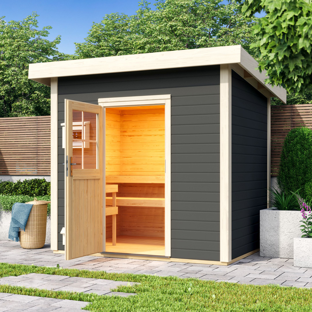 Bild von Woodfeeling 38 mm Saunahaus Nella terragrau