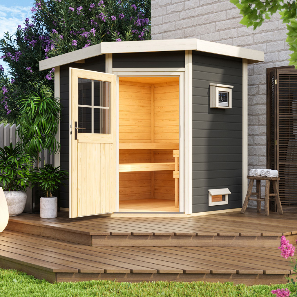 Bild von Woodfeeling 38 mm Saunahaus Pirva Eck terragrau