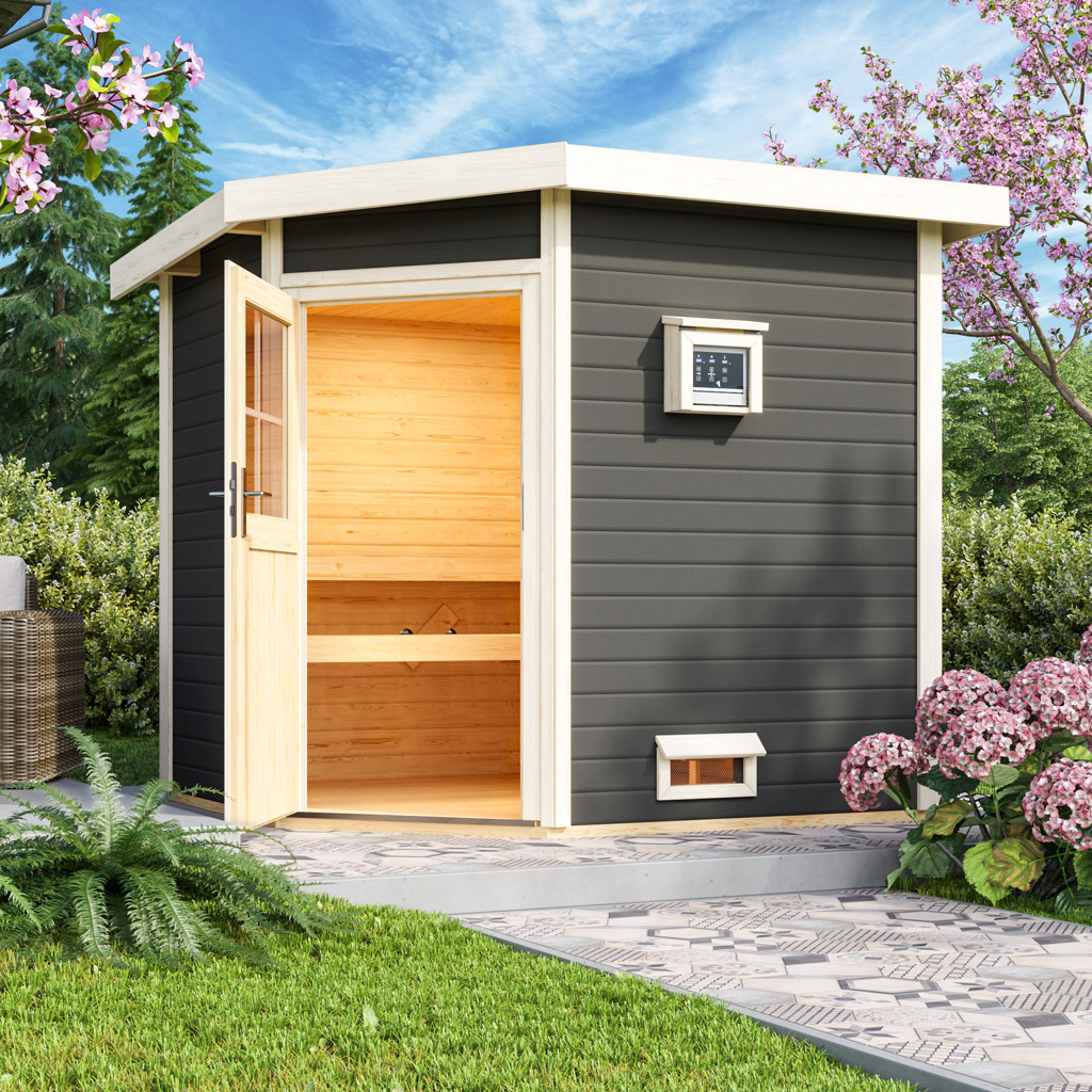 Bild von Woodfeeling 38 mm Saunahaus Mayla Eck terragrau