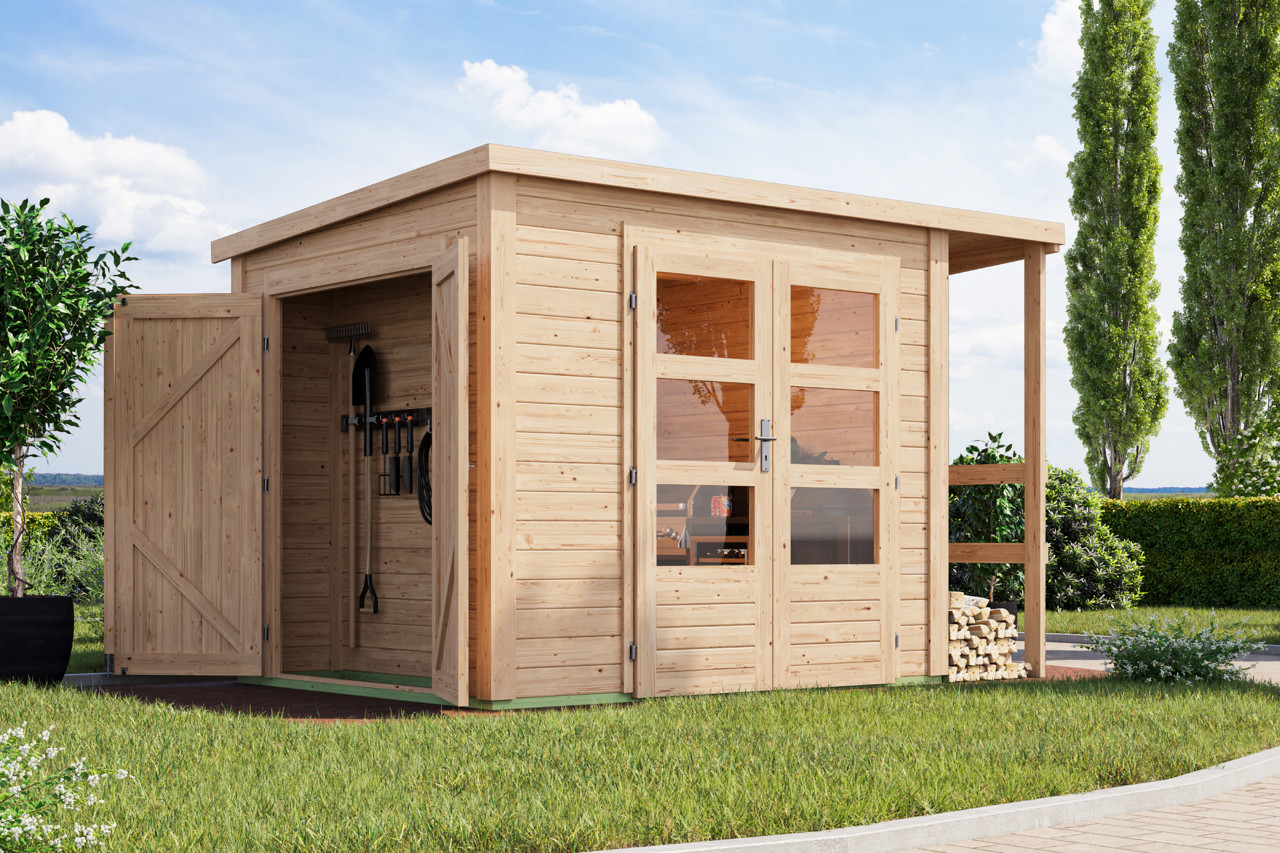Bild von Karibu 28 mm Multi Pultdach mit Schrank und Anbaudach