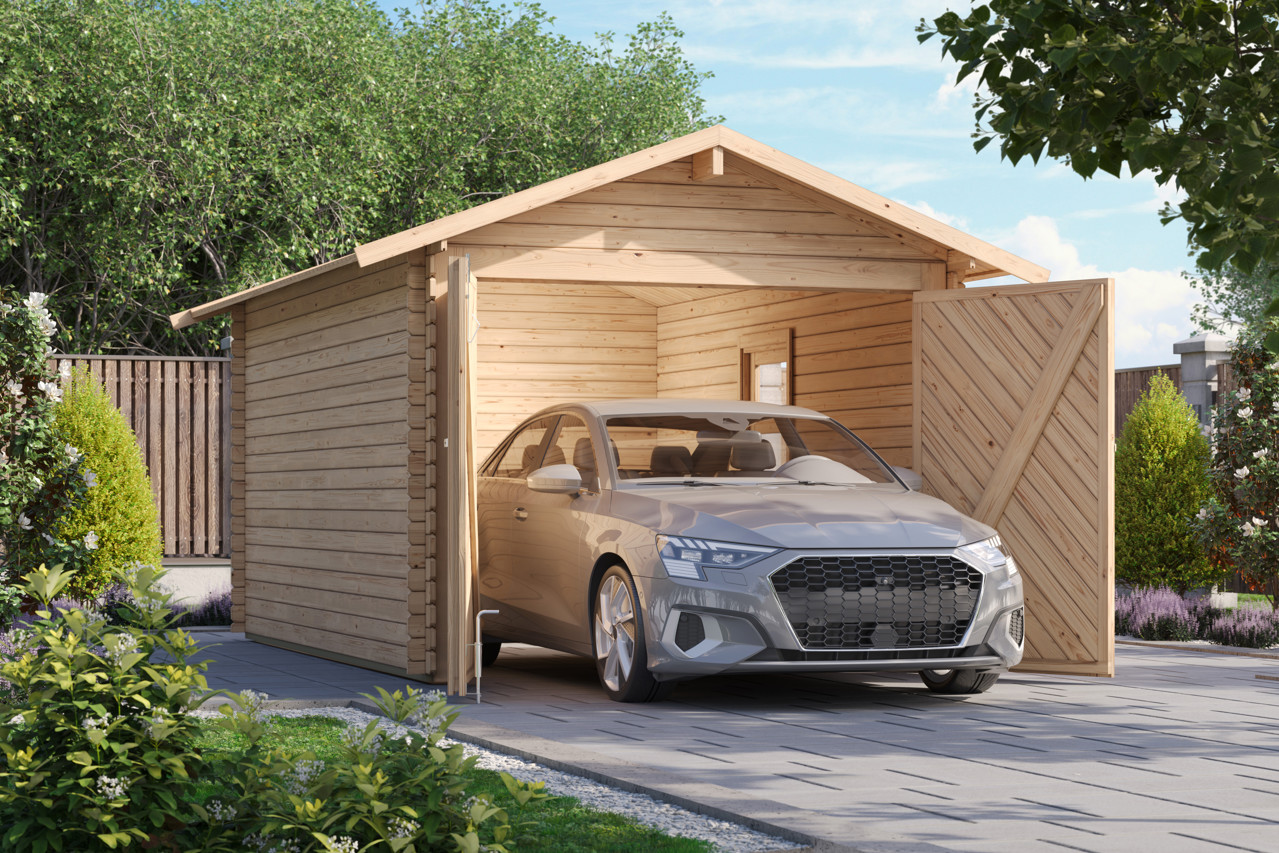 Bild von Karibu 28 mm Blockbohlen Garage Satteldach