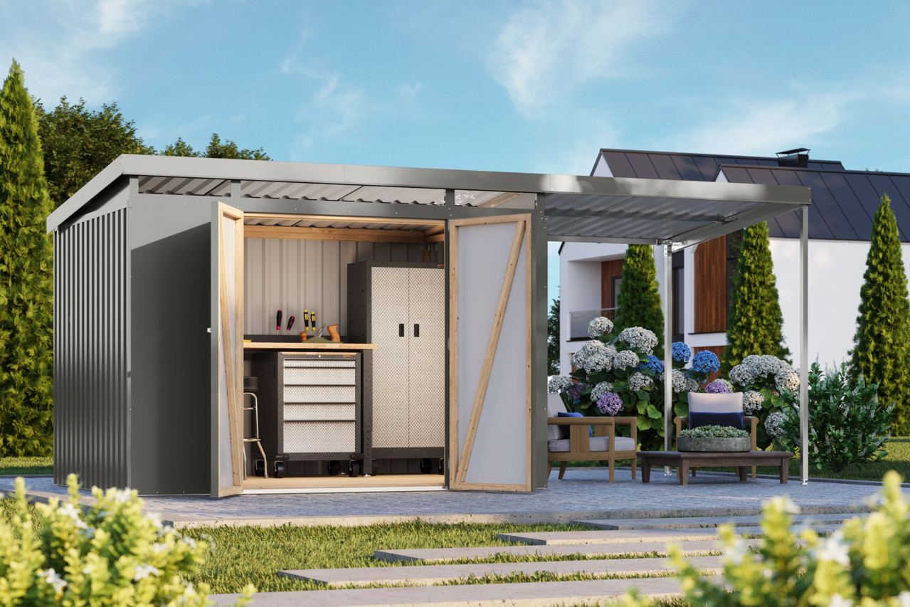 Karibu Metall Gerätehaus Iridium 3 graualuminium mit Anbaudach