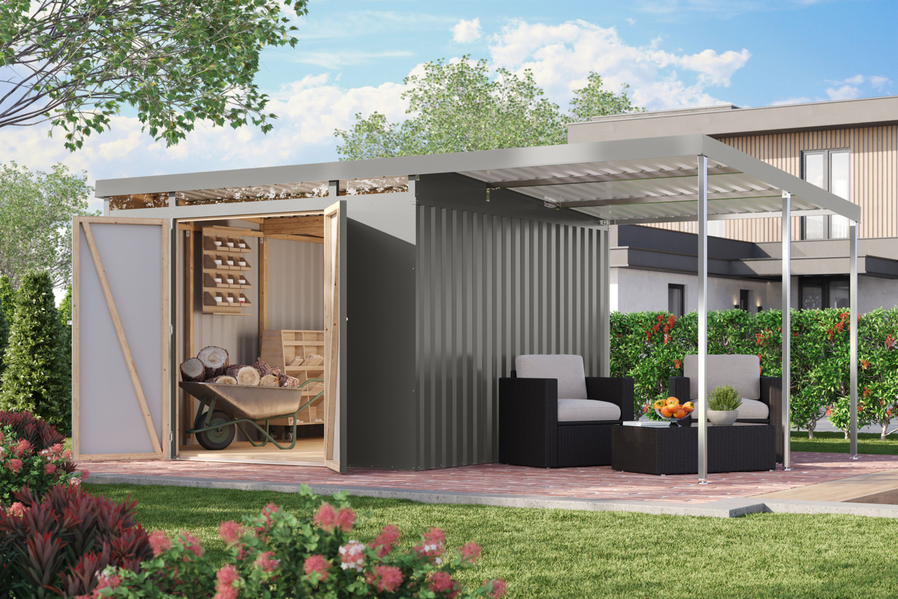 Karibu Metall Gerätehaus Iridium 3,5 graualuminium mit Anbaudach