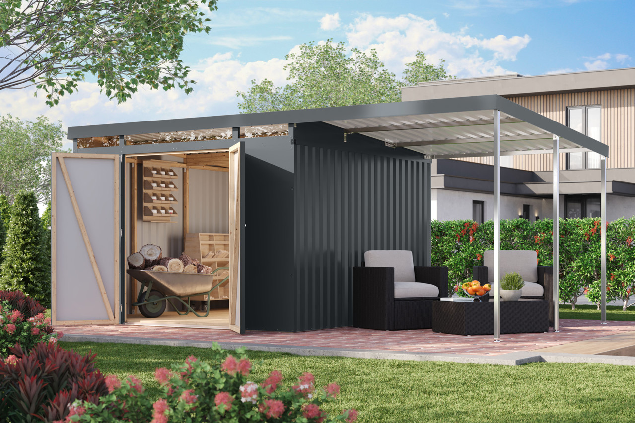 Karibu Metall Gerätehaus Iridium 3,5 anthrazit mit Anbaudach