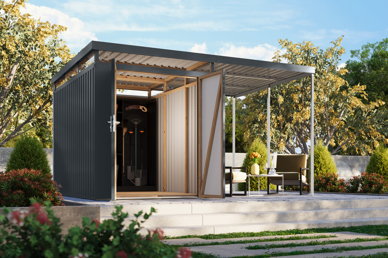 Karibu Metall Gerätehaus Aurum 2,5 anthrazit mit Anbaudach