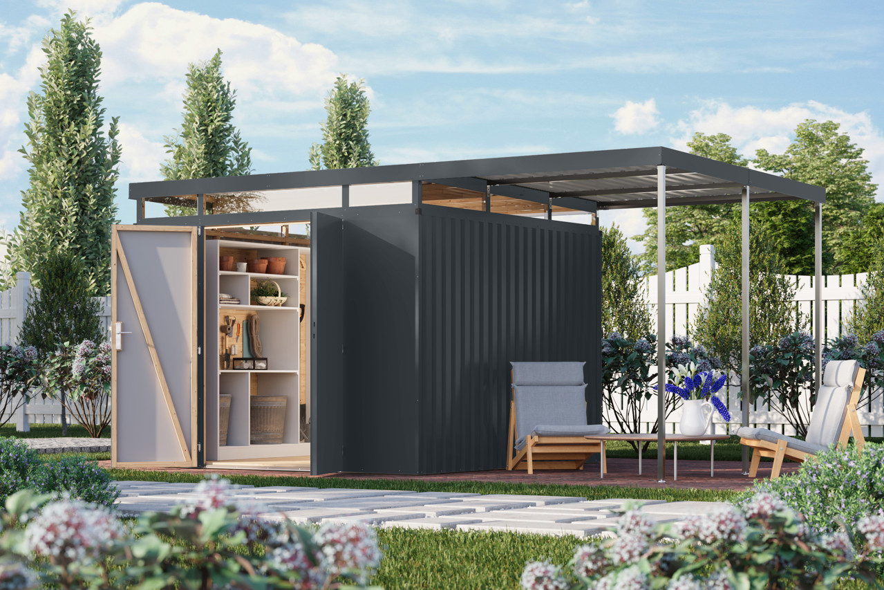 Karibu Metall Gerätehaus Aurum 3,5 anthrazit mit Anbaudach