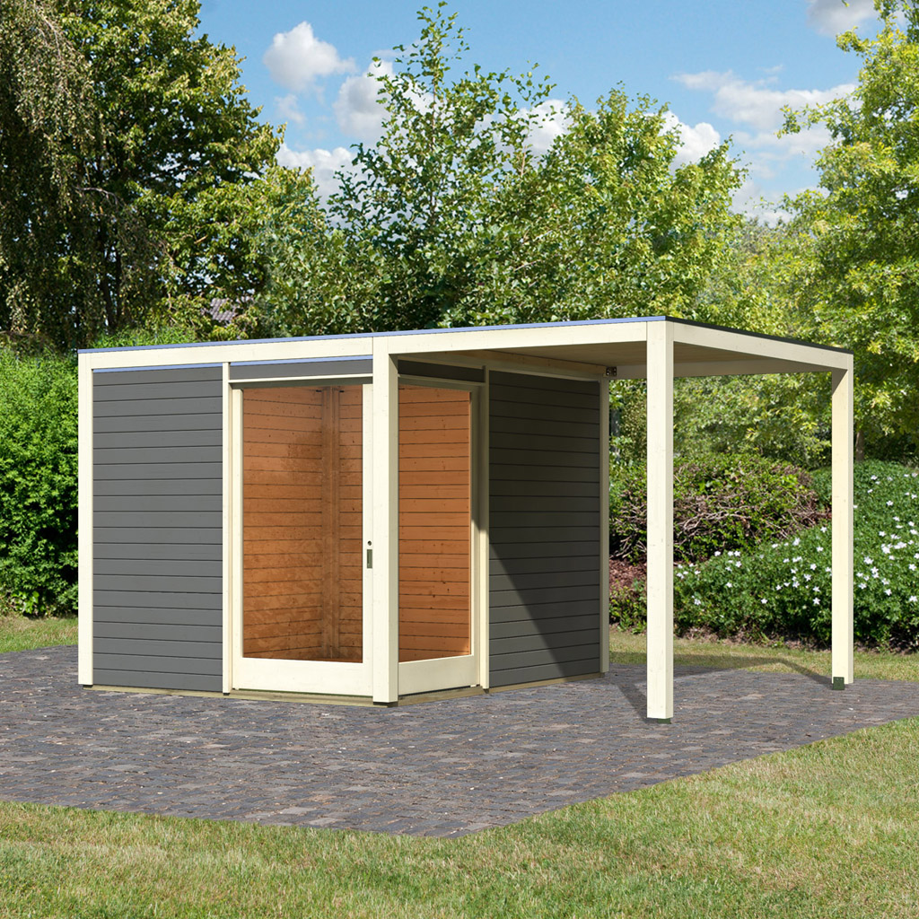 Gamoni De Ich Liebe Meinen Garten Karibu Gartenhaus Qubu Eck Terragrau Mit Anbaudach